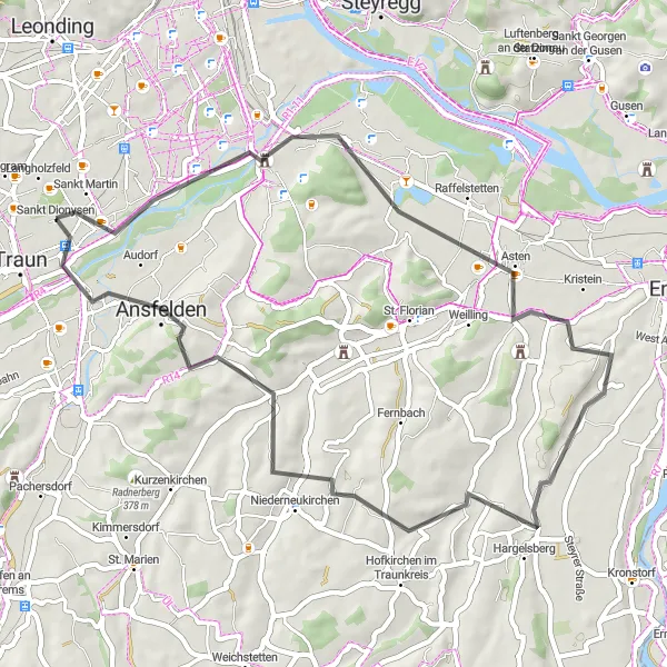 Miniatua del mapa de inspiración ciclista "Ruta de Carretera a través de Ebelsberg y Ansfelden" en Oberösterreich, Austria. Generado por Tarmacs.app planificador de rutas ciclistas