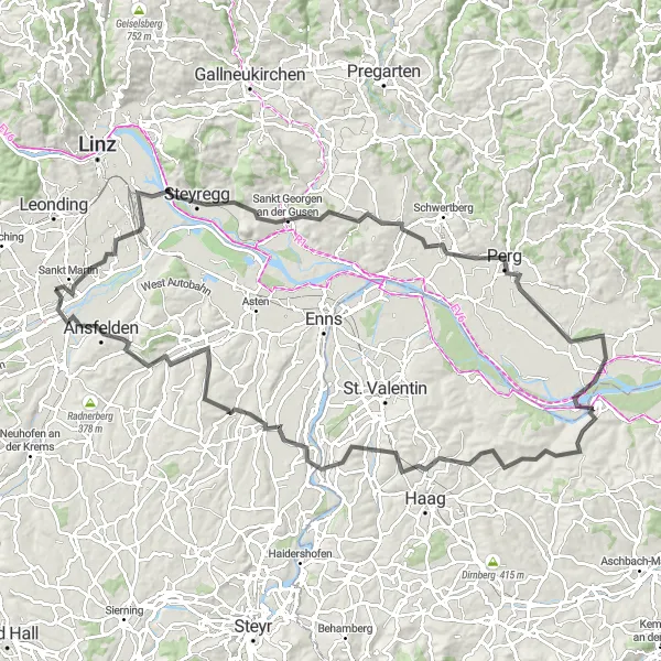Miniatua del mapa de inspiración ciclista "Aventura en bicicleta por Steyregg - Ernsthofen" en Oberösterreich, Austria. Generado por Tarmacs.app planificador de rutas ciclistas
