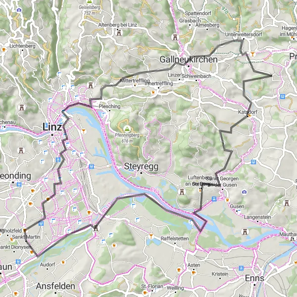 Mapa miniatúra "Cyklistická trasa od Sankt Dionysen" cyklistická inšpirácia v Oberösterreich, Austria. Vygenerované cyklistickým plánovačom trás Tarmacs.app