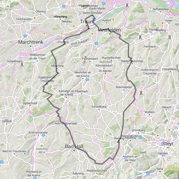 Miniaturekort af cykelinspirationen "Sierning & Traun Valley Eventyr" i Oberösterreich, Austria. Genereret af Tarmacs.app cykelruteplanlægger
