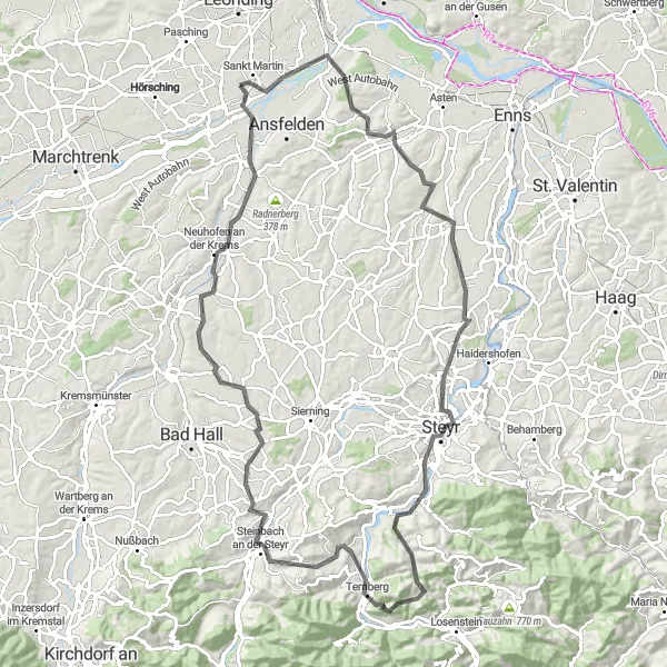 Miniatura della mappa di ispirazione al ciclismo "Giro in bicicletta attraverso castelli e colline" nella regione di Oberösterreich, Austria. Generata da Tarmacs.app, pianificatore di rotte ciclistiche