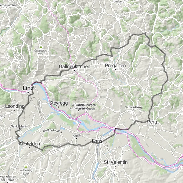 Miniature de la carte de l'inspiration cycliste "Le Tour des Châteaux Autour de Sankt Dionysen" dans la Oberösterreich, Austria. Générée par le planificateur d'itinéraire cycliste Tarmacs.app