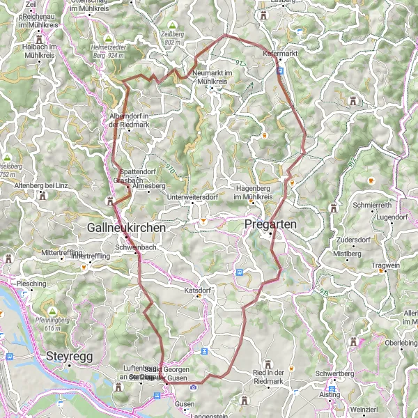 Map miniature of "Gravel Path through the Countryside" cycling inspiration in Oberösterreich, Austria. Generated by Tarmacs.app cycling route planner