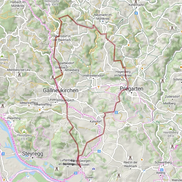 Miniature de la carte de l'inspiration cycliste "Aventure de châteaux et villages historiques" dans la Oberösterreich, Austria. Générée par le planificateur d'itinéraire cycliste Tarmacs.app