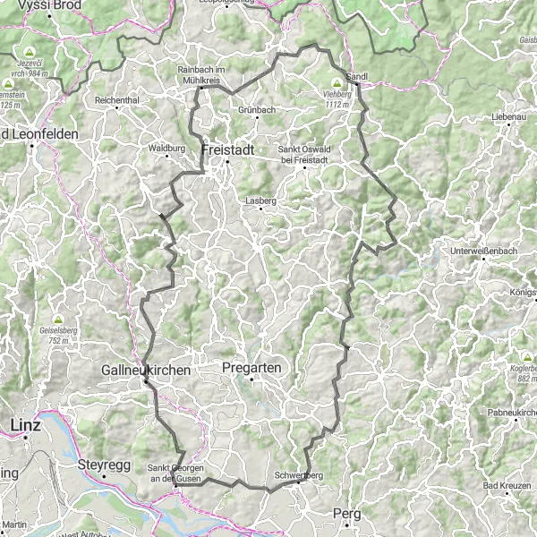 Kartminiatyr av "Oppdag den vakre øvre Østerrike på veien" sykkelinspirasjon i Oberösterreich, Austria. Generert av Tarmacs.app sykkelrutoplanlegger