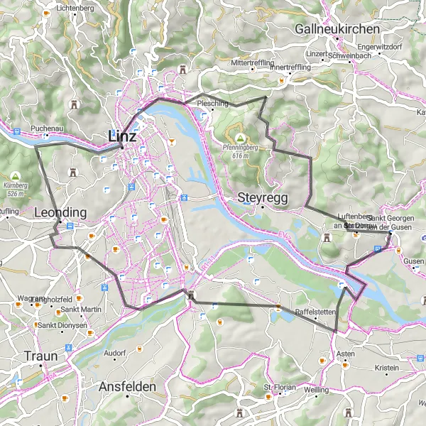 Mapa miniatúra "Rýchla jazda okolo Svatého Juraja pri rieke Gusen" cyklistická inšpirácia v Oberösterreich, Austria. Vygenerované cyklistickým plánovačom trás Tarmacs.app