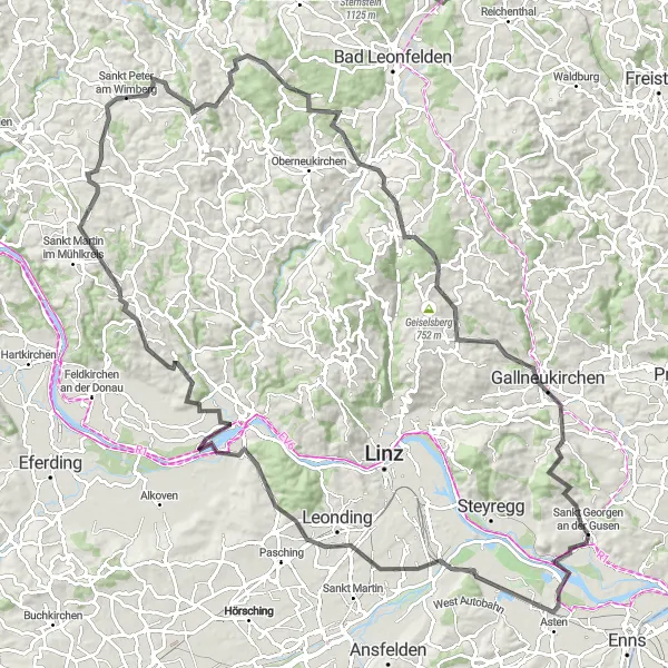 Map miniature of "Challenge the Gravel Roads near Sankt Georgen" cycling inspiration in Oberösterreich, Austria. Generated by Tarmacs.app cycling route planner