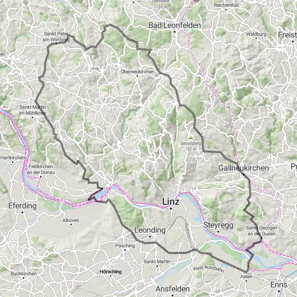 Mapa miniatúra "Tradičná cyklotrasa cez okolie Svatého Juraja pri rieke Gusen (Horná Rakúsko)" cyklistická inšpirácia v Oberösterreich, Austria. Vygenerované cyklistickým plánovačom trás Tarmacs.app