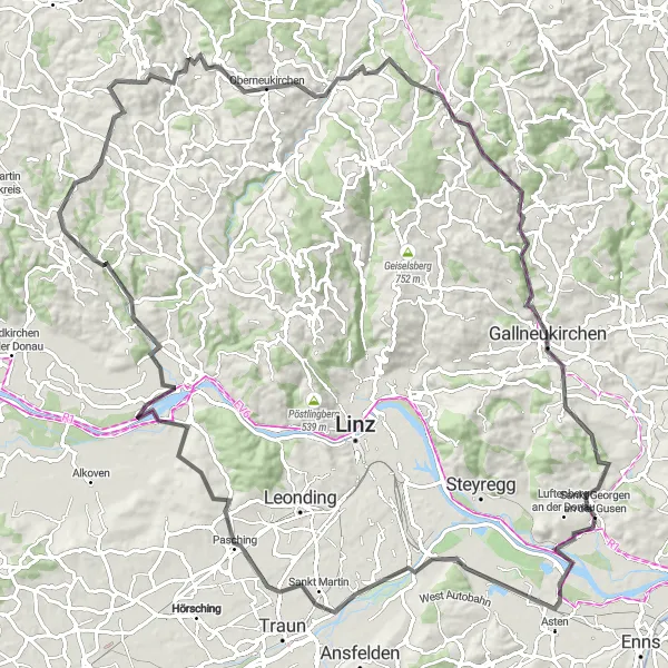 Map miniature of "Journey through Hills and Villages" cycling inspiration in Oberösterreich, Austria. Generated by Tarmacs.app cycling route planner