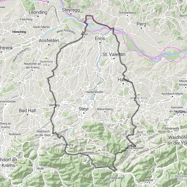 Miniatuurkaart van de fietsinspiratie "Avontuurlijke fietstocht door natuurgebieden" in Oberösterreich, Austria. Gemaakt door de Tarmacs.app fietsrouteplanner
