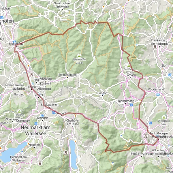 Miniatua del mapa de inspiración ciclista "Ruta por el Bosque Kobernaußerwald" en Oberösterreich, Austria. Generado por Tarmacs.app planificador de rutas ciclistas