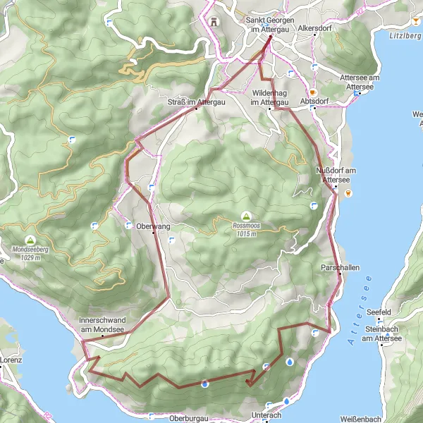 Kartminiatyr av "Nußdorf am Attersee til Ahberg via Oberwang" sykkelinspirasjon i Oberösterreich, Austria. Generert av Tarmacs.app sykkelrutoplanlegger