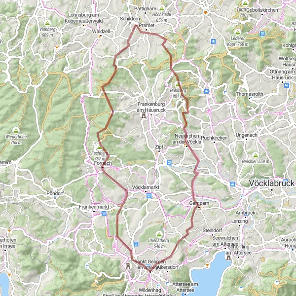 Miniatuurkaart van de fietsinspiratie "Avontuurlijke gravelroute naar Berg im Attergau" in Oberösterreich, Austria. Gemaakt door de Tarmacs.app fietsrouteplanner