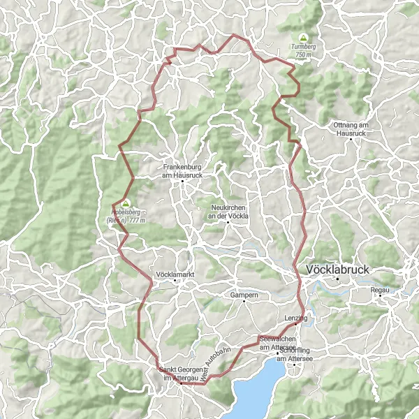Miniatuurkaart van de fietsinspiratie "Gravelroute door de bergen van Attergau" in Oberösterreich, Austria. Gemaakt door de Tarmacs.app fietsrouteplanner