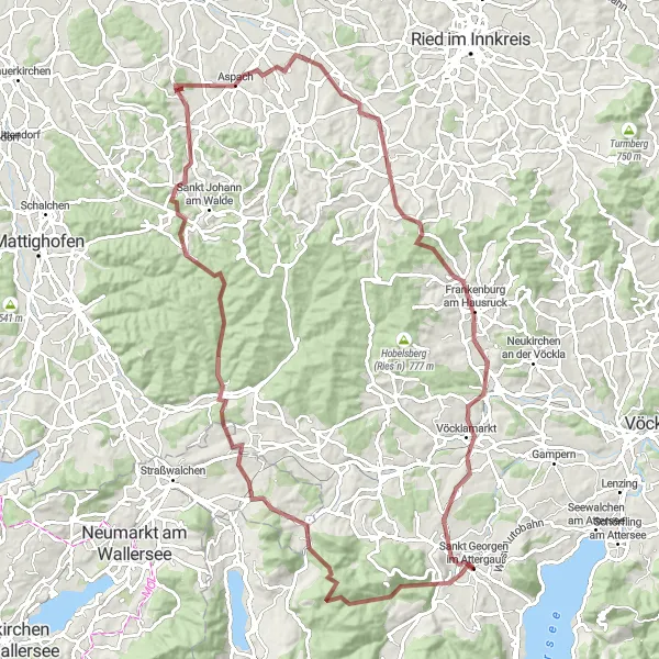 Miniatua del mapa de inspiración ciclista "Aventura off-road por Attergau y Vöckla" en Oberösterreich, Austria. Generado por Tarmacs.app planificador de rutas ciclistas