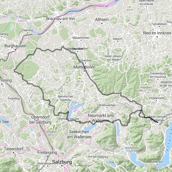 Mapa miniatúra "Trasa okolo Attergau" cyklistická inšpirácia v Oberösterreich, Austria. Vygenerované cyklistickým plánovačom trás Tarmacs.app