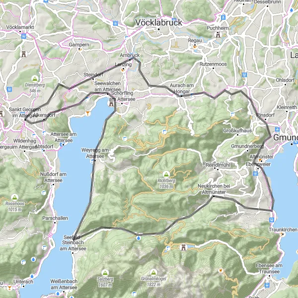 Map miniature of "Around Attersee" cycling inspiration in Oberösterreich, Austria. Generated by Tarmacs.app cycling route planner