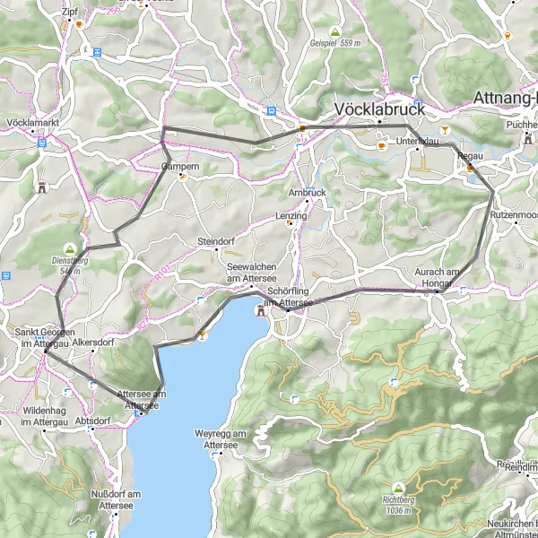 Kartminiatyr av "Dienstberg til Attersee am Attersee" sykkelinspirasjon i Oberösterreich, Austria. Generert av Tarmacs.app sykkelrutoplanlegger