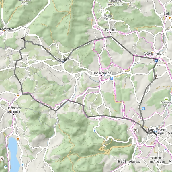 Karttaminiaatyyri "Tiepyöräilyreitti läpi kylien" pyöräilyinspiraatiosta alueella Oberösterreich, Austria. Luotu Tarmacs.app pyöräilyreittisuunnittelijalla