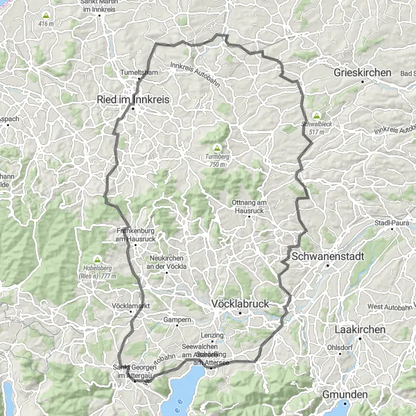 Miniatua del mapa de inspiración ciclista "Desafío alrededor de Pfongau y Vöckla" en Oberösterreich, Austria. Generado por Tarmacs.app planificador de rutas ciclistas