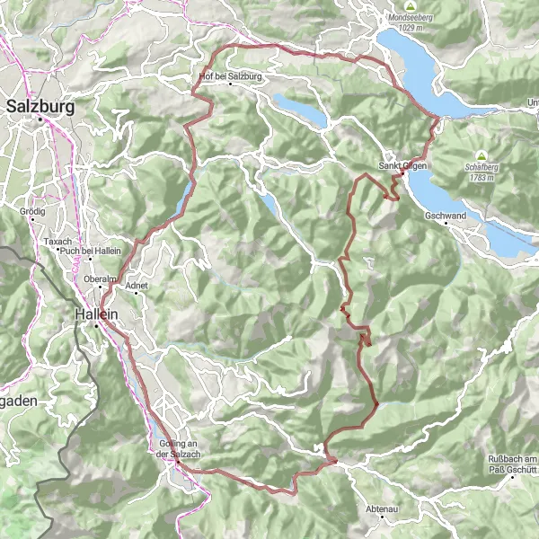 Miniatua del mapa de inspiración ciclista "Ruta de ciclismo de grava a través de Sonnberg y Hallein" en Oberösterreich, Austria. Generado por Tarmacs.app planificador de rutas ciclistas
