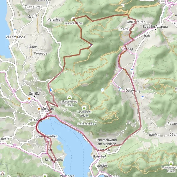 Miniatua del mapa de inspiración ciclista "Ruta por Grava de Schloss Mondsee a Drachenstein" en Oberösterreich, Austria. Generado por Tarmacs.app planificador de rutas ciclistas