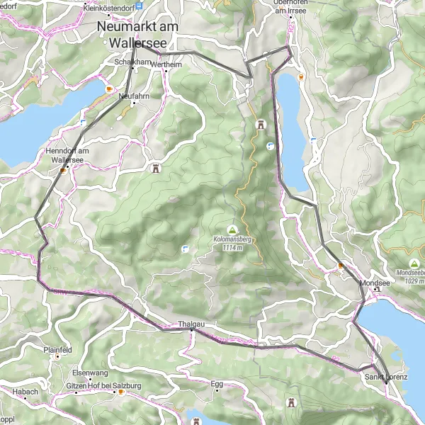Kartminiatyr av "Thalgau til Mondsee via Neumarkt am Wallersee" sykkelinspirasjon i Oberösterreich, Austria. Generert av Tarmacs.app sykkelrutoplanlegger