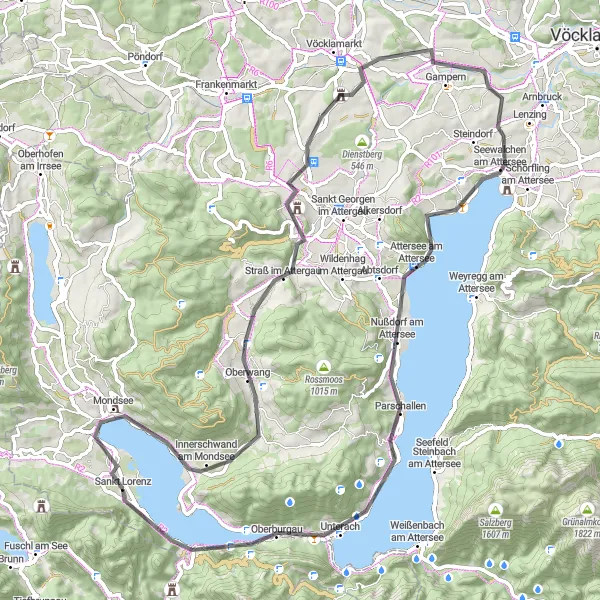 Kartminiatyr av "Hilfberg Kirche til Attersee am Attersee" sykkelinspirasjon i Oberösterreich, Austria. Generert av Tarmacs.app sykkelrutoplanlegger