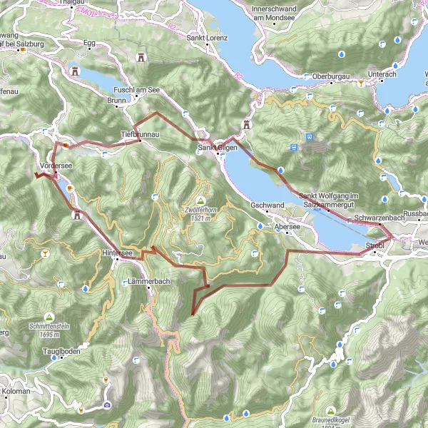 Zemljevid v pomanjšavi "Wolfgangsee Scenic Gravel Tour" kolesarske inspiracije v Oberösterreich, Austria. Generirano z načrtovalcem kolesarskih poti Tarmacs.app