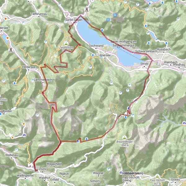 Miniatua del mapa de inspiración ciclista "Aventura alrededor del Lago Wolfgang" en Oberösterreich, Austria. Generado por Tarmacs.app planificador de rutas ciclistas
