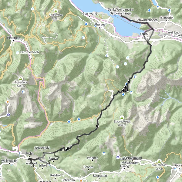 Map miniature of "Sankt Wolfgang's Scenic Loop" cycling inspiration in Oberösterreich, Austria. Generated by Tarmacs.app cycling route planner