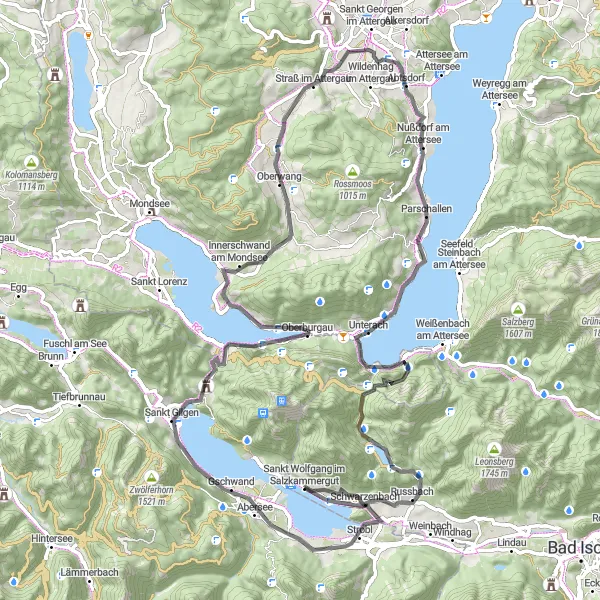 Miniatura della mappa di ispirazione al ciclismo "Tour enogastronomico nel Salzkammergut" nella regione di Oberösterreich, Austria. Generata da Tarmacs.app, pianificatore di rotte ciclistiche