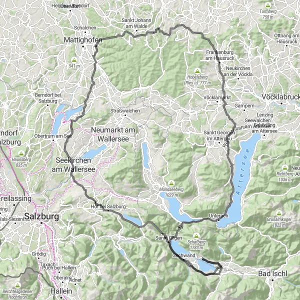 Mapa miniatúra "Okruh cez Sankt Wolfgang a Fuschl" cyklistická inšpirácia v Oberösterreich, Austria. Vygenerované cyklistickým plánovačom trás Tarmacs.app