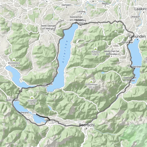 Mapa miniatúra "Okružná cyklistická trasa cez Salzkammergut" cyklistická inšpirácia v Oberösterreich, Austria. Vygenerované cyklistickým plánovačom trás Tarmacs.app