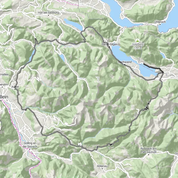 Kartminiatyr av "Wolfgangsee Scenic Road Cycling" sykkelinspirasjon i Oberösterreich, Austria. Generert av Tarmacs.app sykkelrutoplanlegger