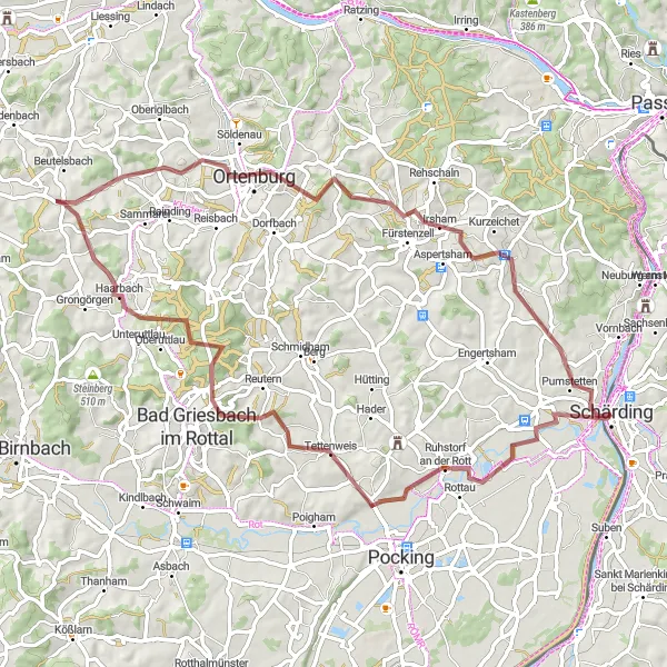 Karten-Miniaturansicht der Radinspiration "Schärding - Tettenweis - Klosterberg - Haarbach - Ortenburg - Fürstenzell - Neuhaus am Inn Rundweg" in Oberösterreich, Austria. Erstellt vom Tarmacs.app-Routenplaner für Radtouren