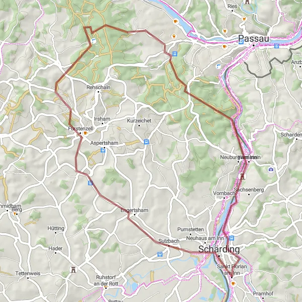 Zemljevid v pomanjšavi "Rustikalna pot domov v Aigerding" kolesarske inspiracije v Oberösterreich, Austria. Generirano z načrtovalcem kolesarskih poti Tarmacs.app