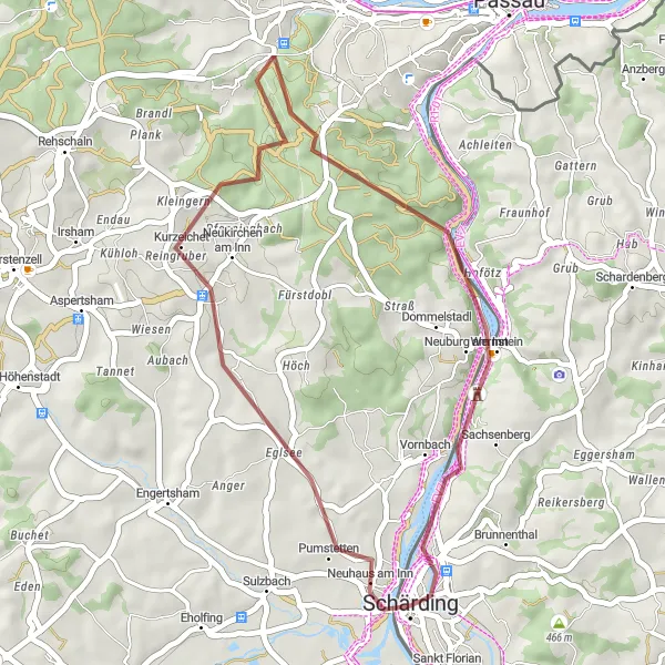 Miniatua del mapa de inspiración ciclista "Ruta de Grava por Neuhaus am Inn y Neuburg am Inn" en Oberösterreich, Austria. Generado por Tarmacs.app planificador de rutas ciclistas