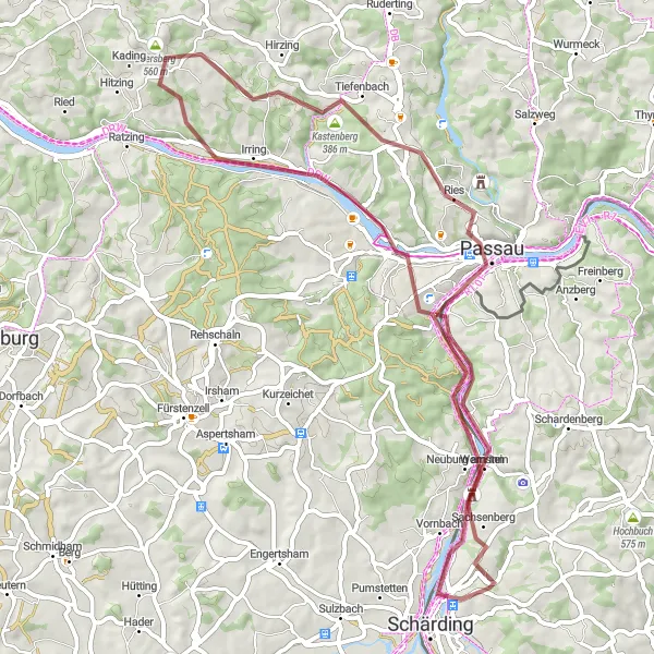 Mapa miniatúra "Gravelová trasa s výhľadmi na Klosterkirche Vornbach a Passau" cyklistická inšpirácia v Oberösterreich, Austria. Vygenerované cyklistickým plánovačom trás Tarmacs.app