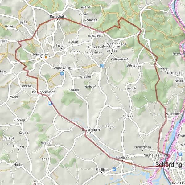 Map miniature of "Short Gravel Ride to Schärding" cycling inspiration in Oberösterreich, Austria. Generated by Tarmacs.app cycling route planner