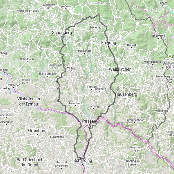 Miniatura della mappa di ispirazione al ciclismo "Avventura ciclistica tra Schärding e Passau" nella regione di Oberösterreich, Austria. Generata da Tarmacs.app, pianificatore di rotte ciclistiche