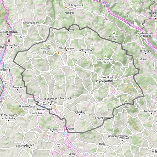 Map miniature of "Road Cycling Adventure to Taufkirchen an der Pram" cycling inspiration in Oberösterreich, Austria. Generated by Tarmacs.app cycling route planner