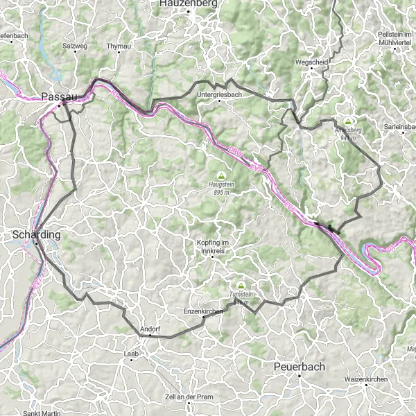 Map miniature of "Schärding to Passau Loop" cycling inspiration in Oberösterreich, Austria. Generated by Tarmacs.app cycling route planner