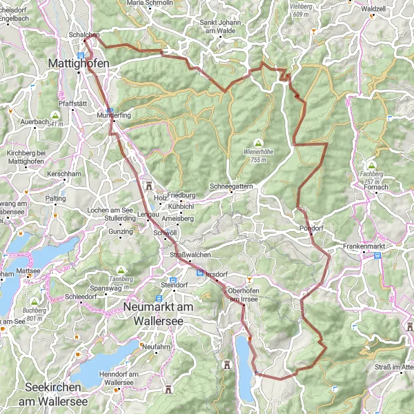 Miniatura della mappa di ispirazione al ciclismo "Tour nei boschi tra Auffang e Mattighofen" nella regione di Oberösterreich, Austria. Generata da Tarmacs.app, pianificatore di rotte ciclistiche