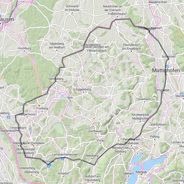 Mapa miniatúra "Cyklistická trasa cez Mattighofen a Helpfau-Uttendorf" cyklistická inšpirácia v Oberösterreich, Austria. Vygenerované cyklistickým plánovačom trás Tarmacs.app