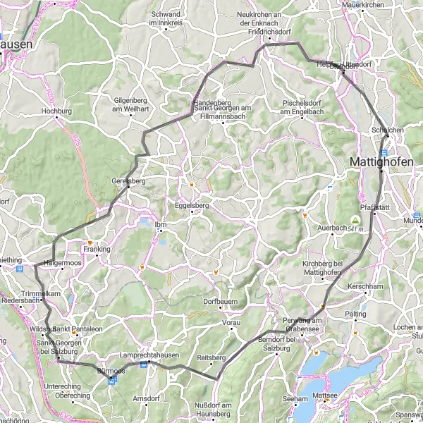 Zemljevid v pomanjšavi "Kolesarska pot skozi Mattighofen, Sankt Georgen bei Salzburg, Geretsberg in Helpfau-Uttendorf" kolesarske inspiracije v Oberösterreich, Austria. Generirano z načrtovalcem kolesarskih poti Tarmacs.app