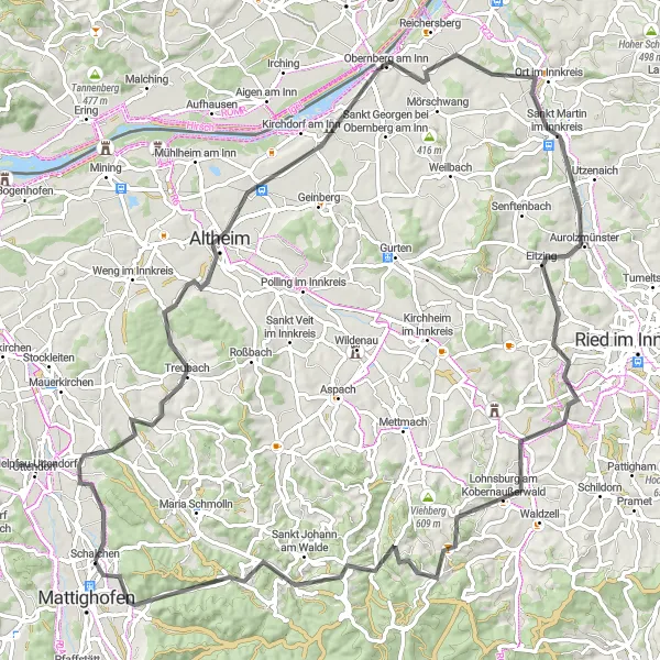 Map miniature of "Schalchen to Obernberg am Inn Loop" cycling inspiration in Oberösterreich, Austria. Generated by Tarmacs.app cycling route planner
