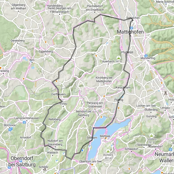 Miniaturní mapa "Cyklotrasa skrz Trumer Seen a Pischelsdorf am Engelbach" inspirace pro cyklisty v oblasti Oberösterreich, Austria. Vytvořeno pomocí plánovače tras Tarmacs.app
