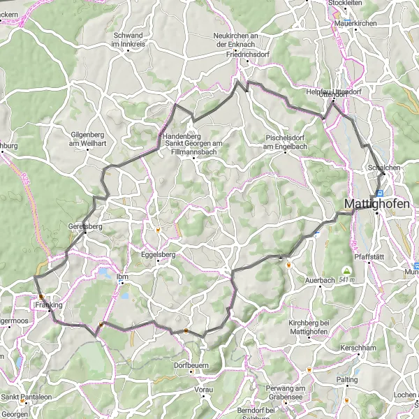 Miniatura della mappa di ispirazione al ciclismo "Scoperta dei borghi della regione" nella regione di Oberösterreich, Austria. Generata da Tarmacs.app, pianificatore di rotte ciclistiche