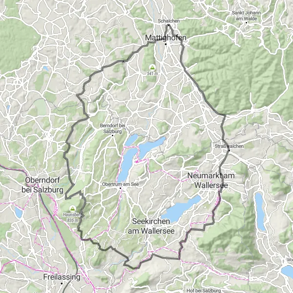 Kartminiatyr av "Fra Schalchen til Mattighofen via Anthering" sykkelinspirasjon i Oberösterreich, Austria. Generert av Tarmacs.app sykkelrutoplanlegger